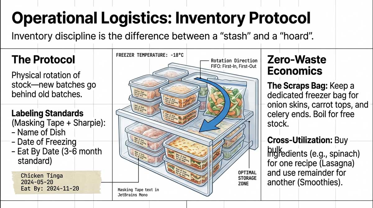 Freezer organization diagram showing FIFO rotation and labeling