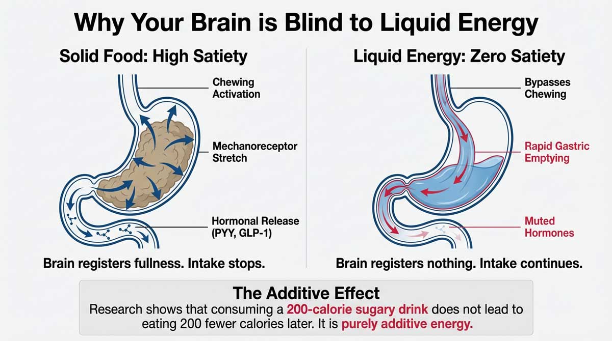 Diagram comparing digestion of solid food versus liquid energy and hormonal response