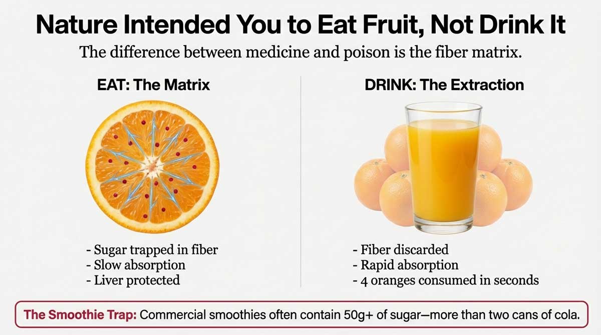 Comparison of a whole orange slice versus a glass of orange juice