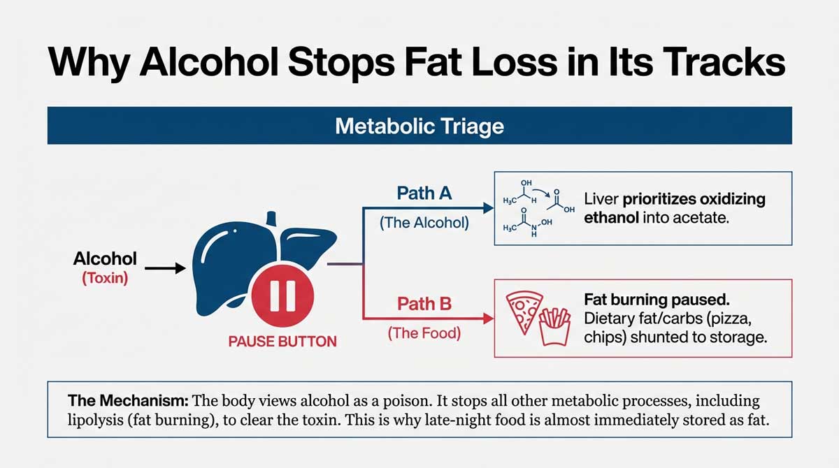 Flowchart showing how alcohol pauses fat burning in the liver