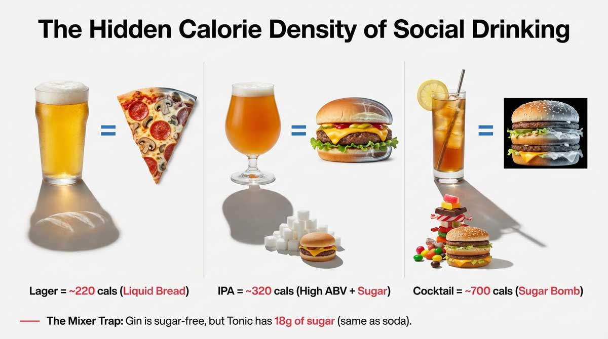 Pint of beer casting a pizza shadow; Iced tea casting a burger shadow