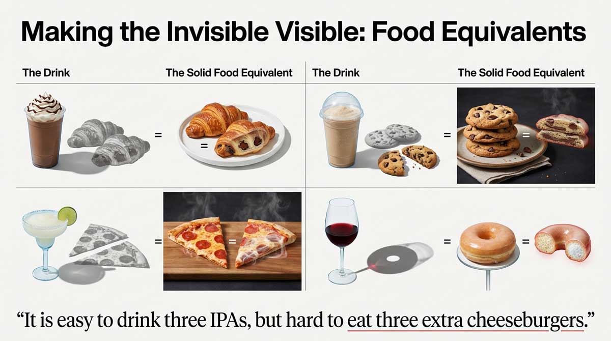 Frappuccino equating to two croissants; Cookie equating to a stuffed cookie