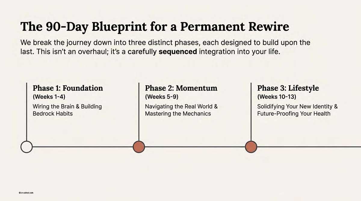 Timeline showing the 3 phases: Foundation (Weeks 1-4), Momentum (Weeks 5-9), and Lifestyle (Weeks 10-13)