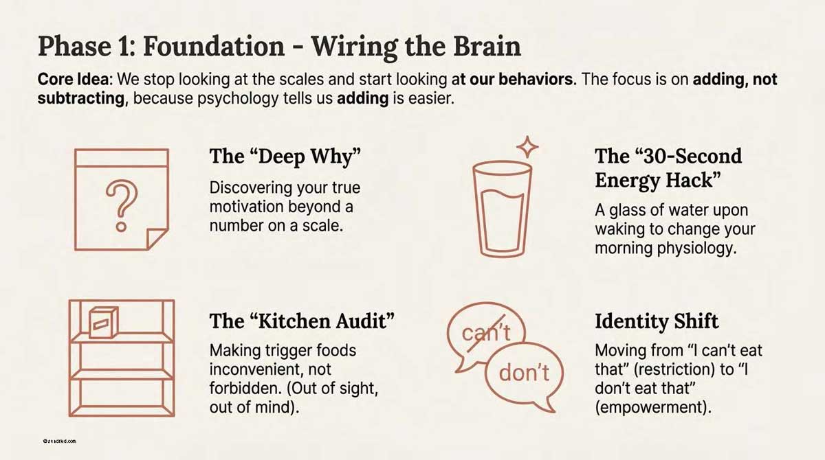 Icons for the 'Deep Why', 'Kitchen Audit', and 'Identity Shift' concepts in Phase 1