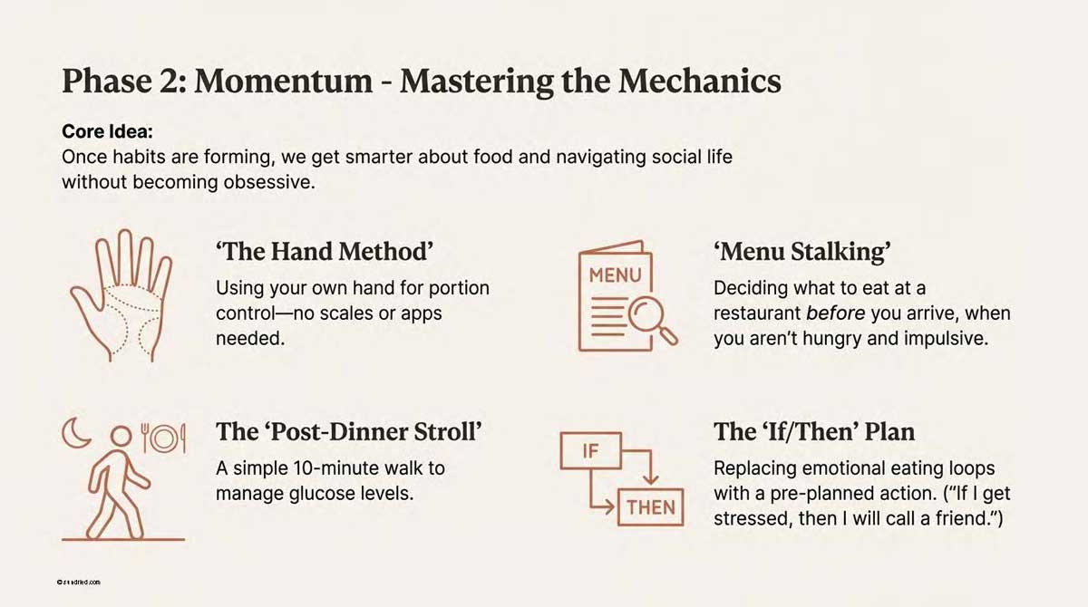 Icons for 'Hand Method' portion control, 'Menu Stalking', and 'If/Then' planning in Phase 2