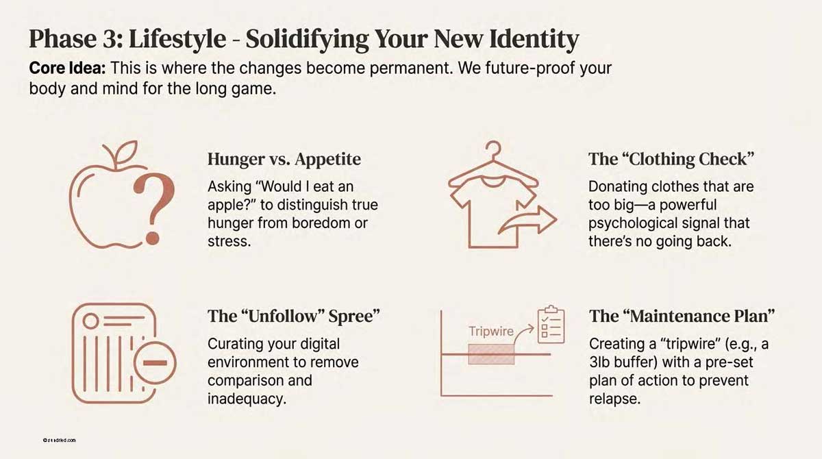 Icons for hunger vs appetite, clothing checks, digital unfollowing, and maintenance tripwires in Phase 3