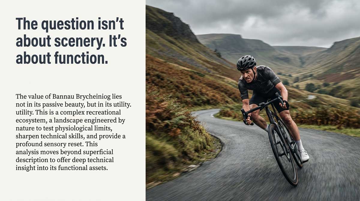Cyclist climbing a steep road in Bannau Brycheiniog