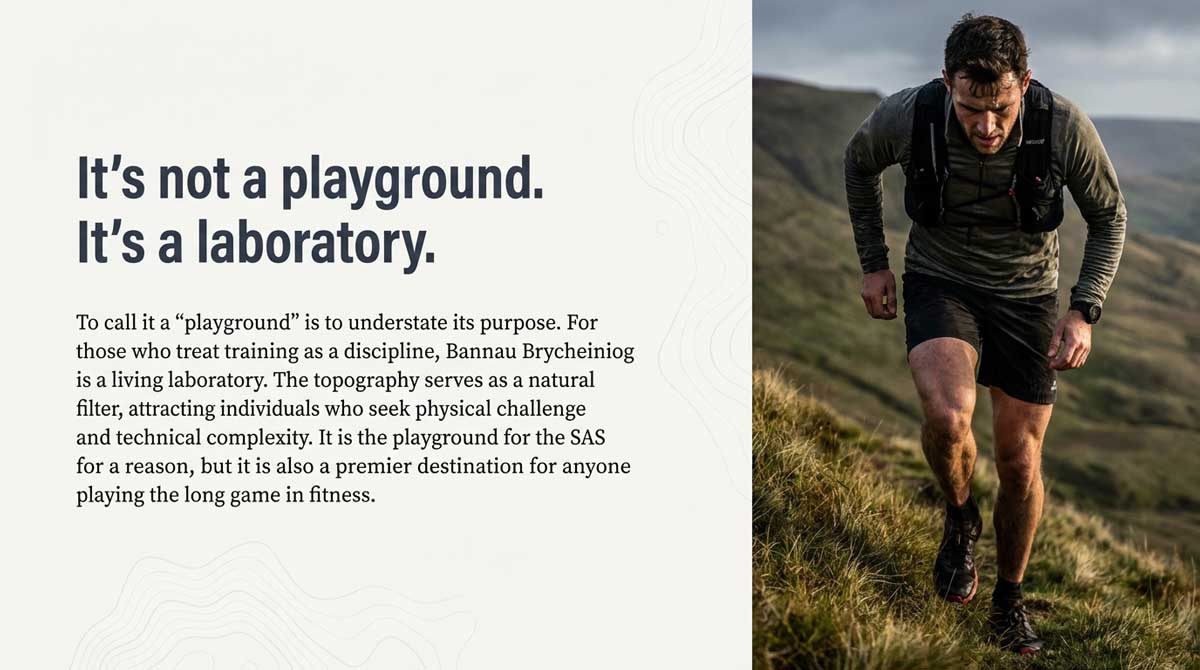 Trail runner ascending a grassy slope in the Brecon Beacons