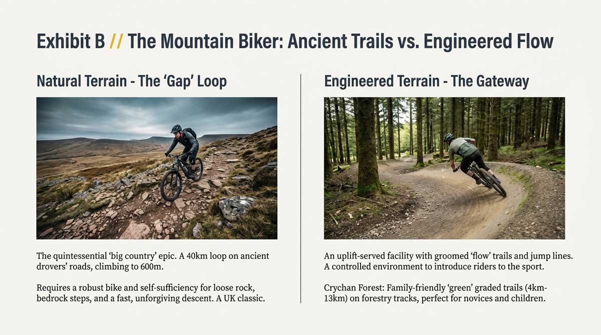 Mountain biker on a rocky natural trail versus a smooth flow trail