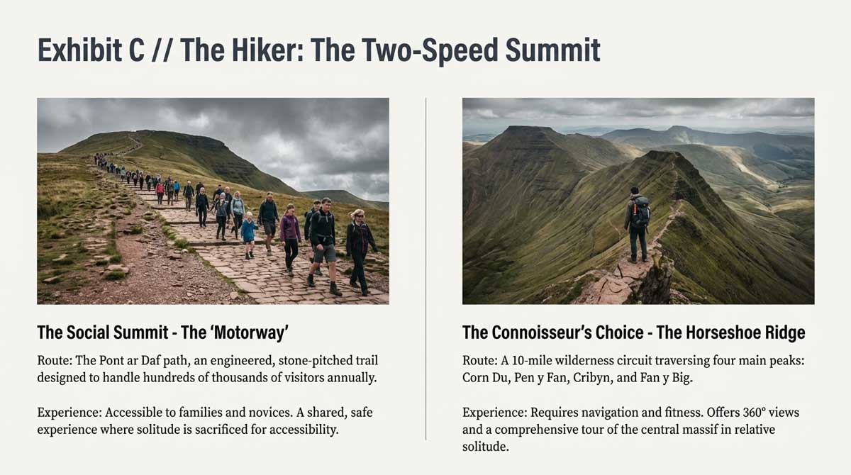 Hikers on the busy Pen y Fan path vs a solitary walker on a ridge