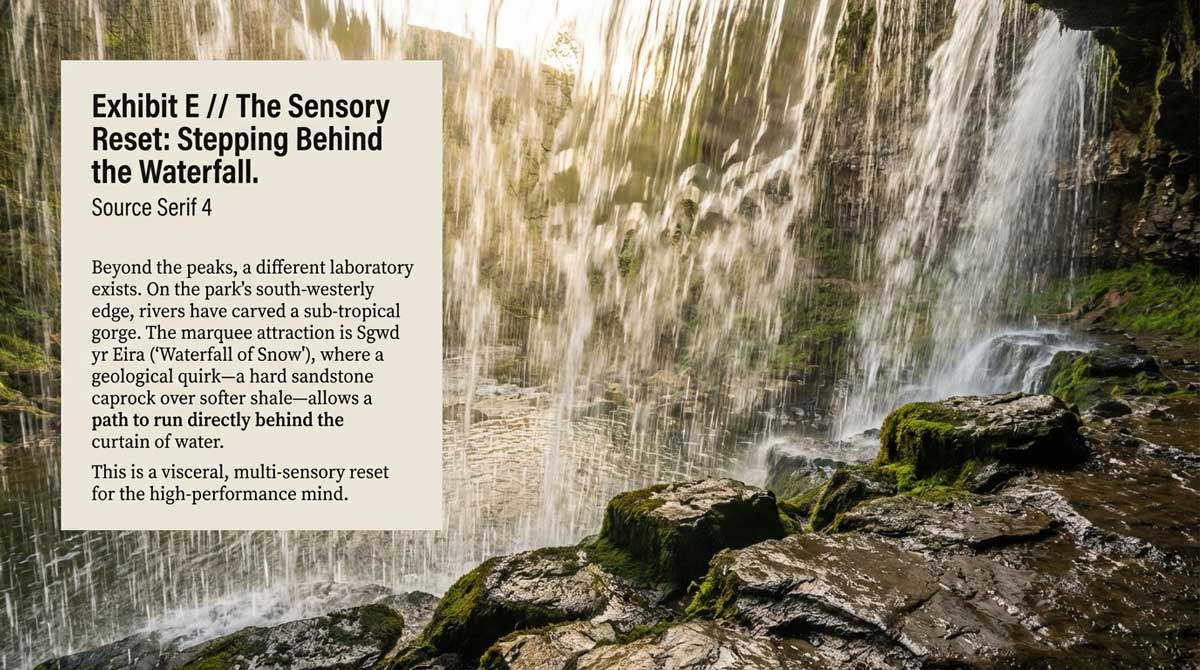 Waterfall text description regarding Sgwd yr Eira