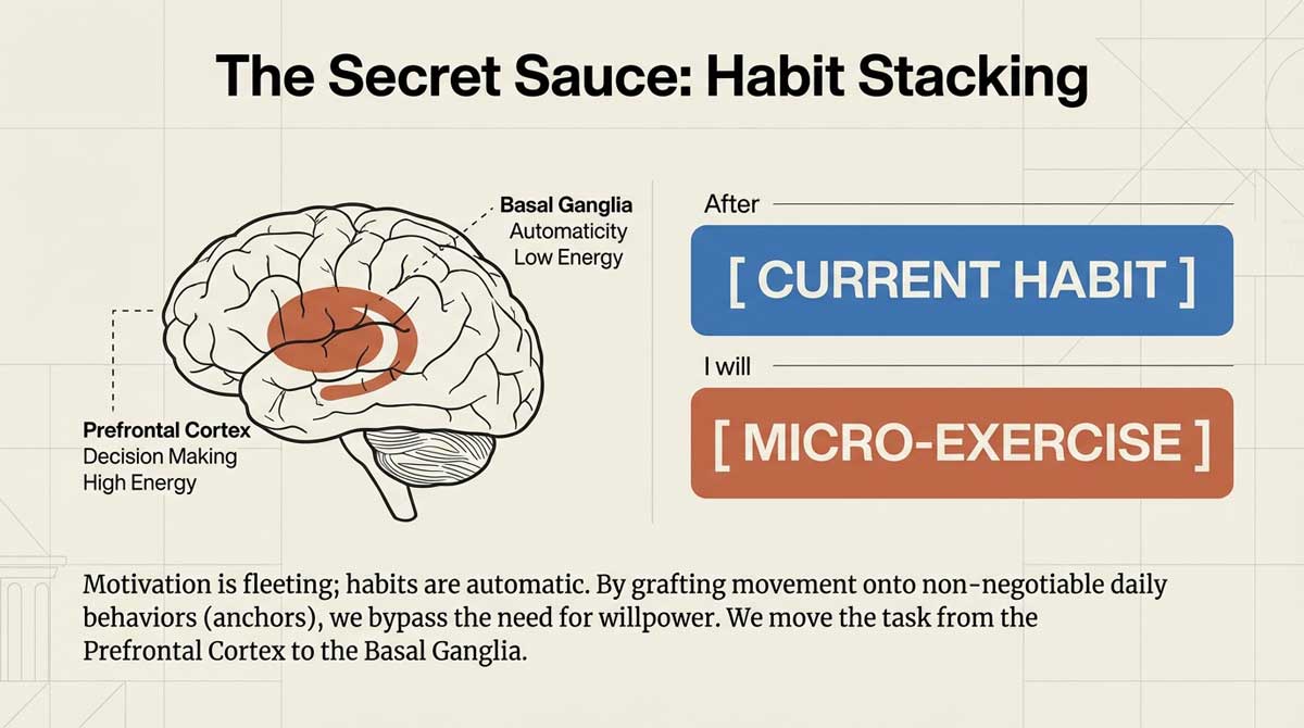 Brain diagram showing the shift from Prefrontal Cortex (high energy) to Basal Ganglia (automatic habit)