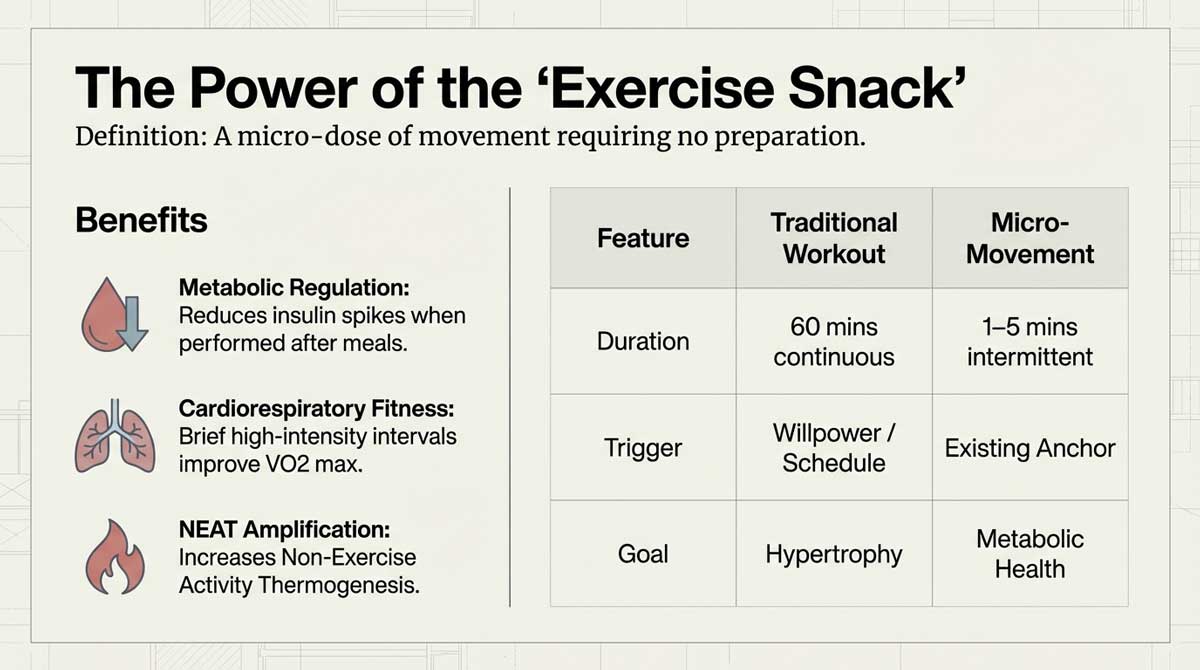 Table comparing traditional 60-minute workouts with micro-movement snacking