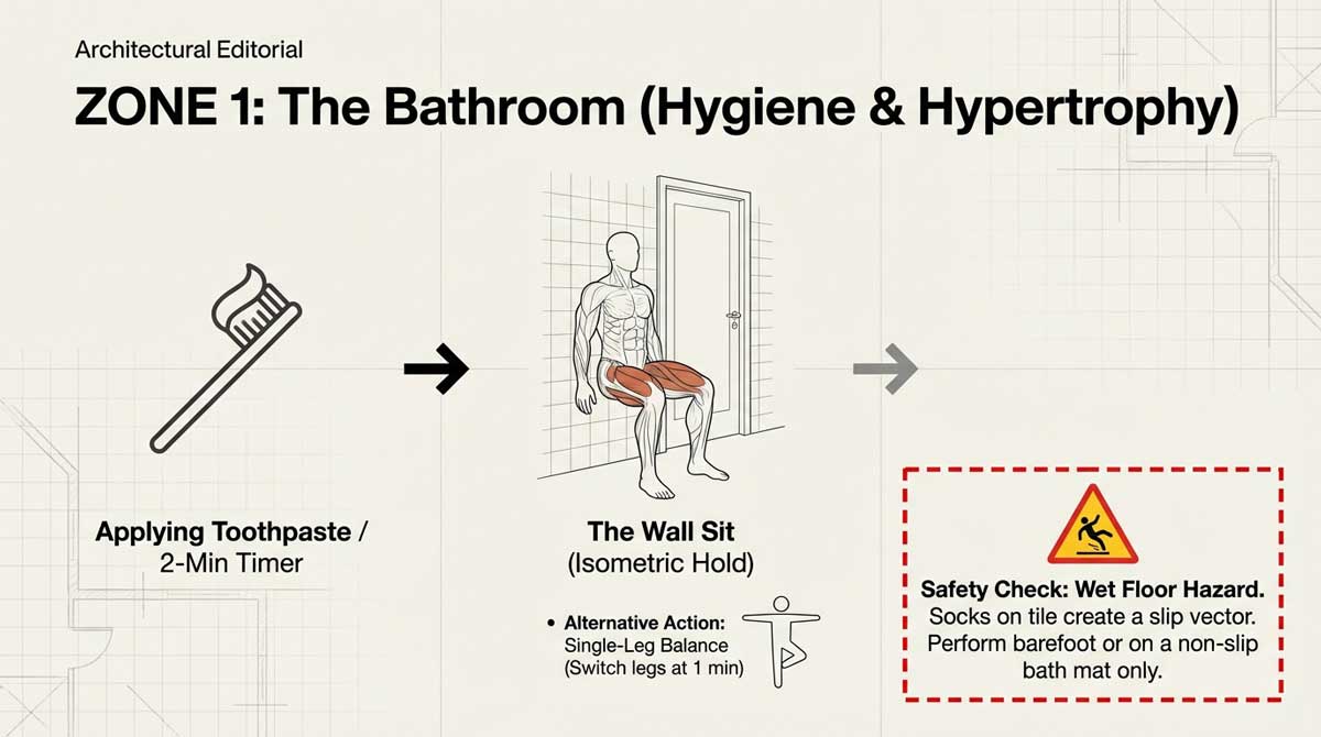Illustration of a man doing a wall sit while brushing teeth in the bathroom