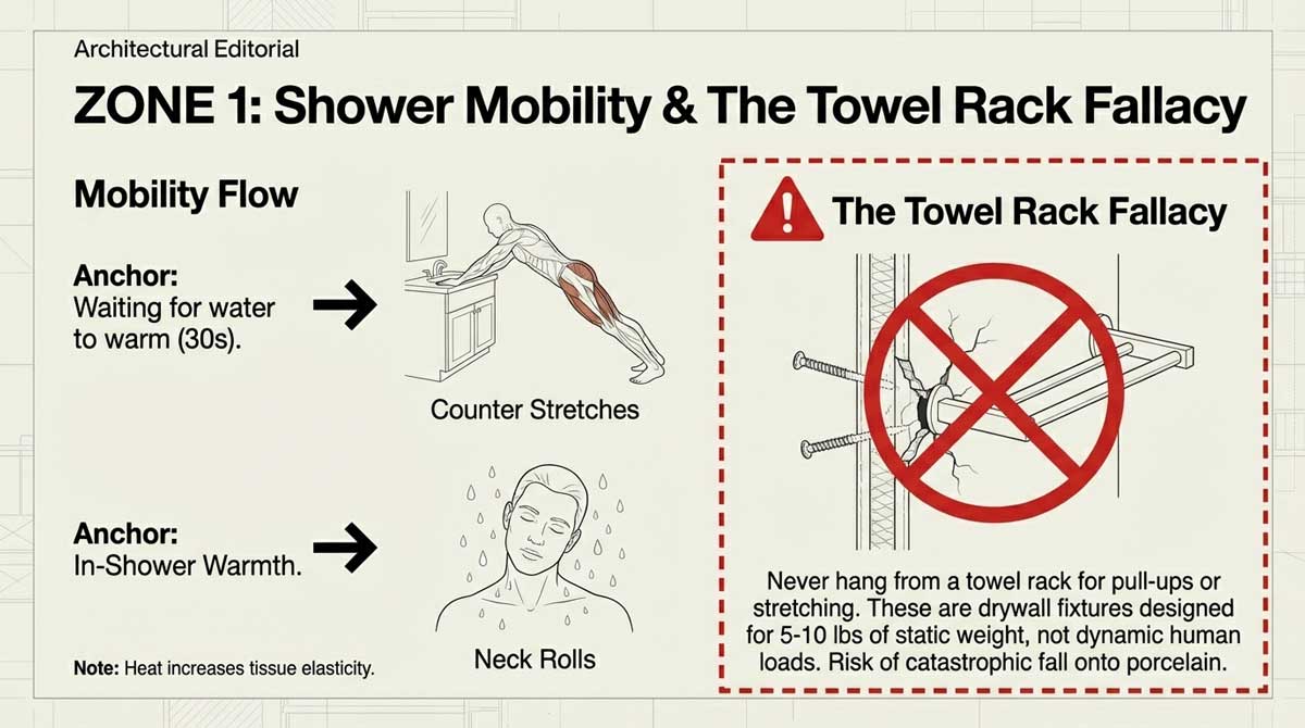 Safety warning about using towel racks for support versus using a sturdy sink counter