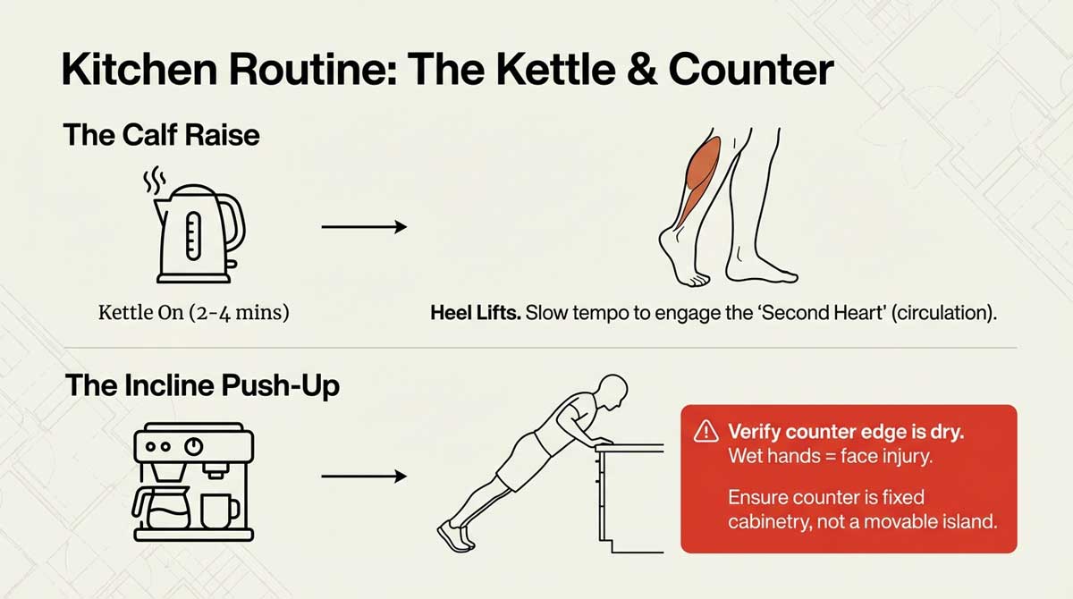 Kettle icon and calf muscle diagram suggesting calf raises while water boils