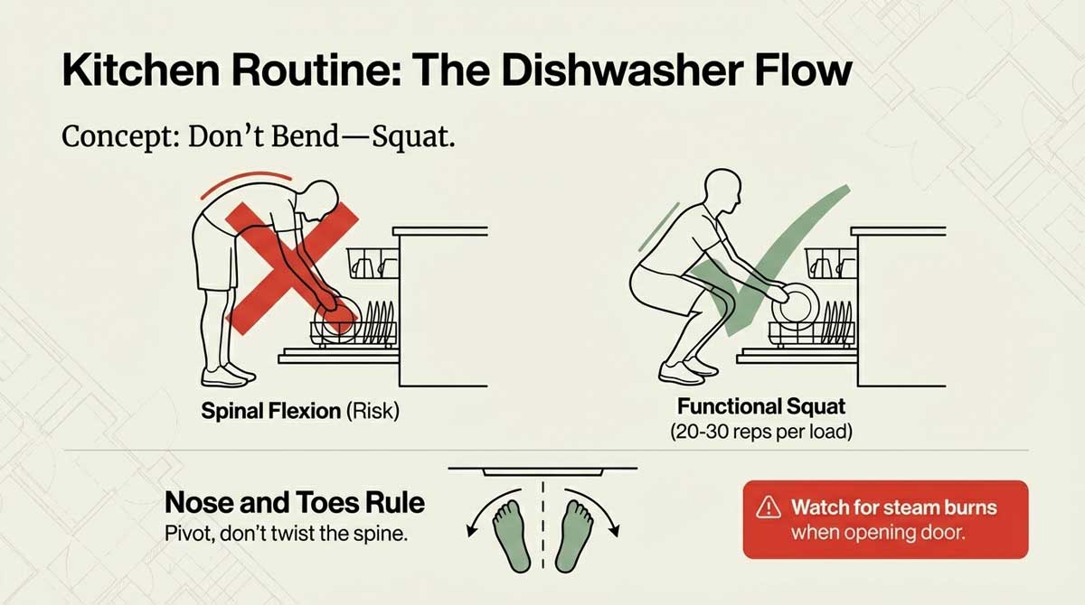Correct vs Incorrect posture for loading a dishwasher using a functional squat