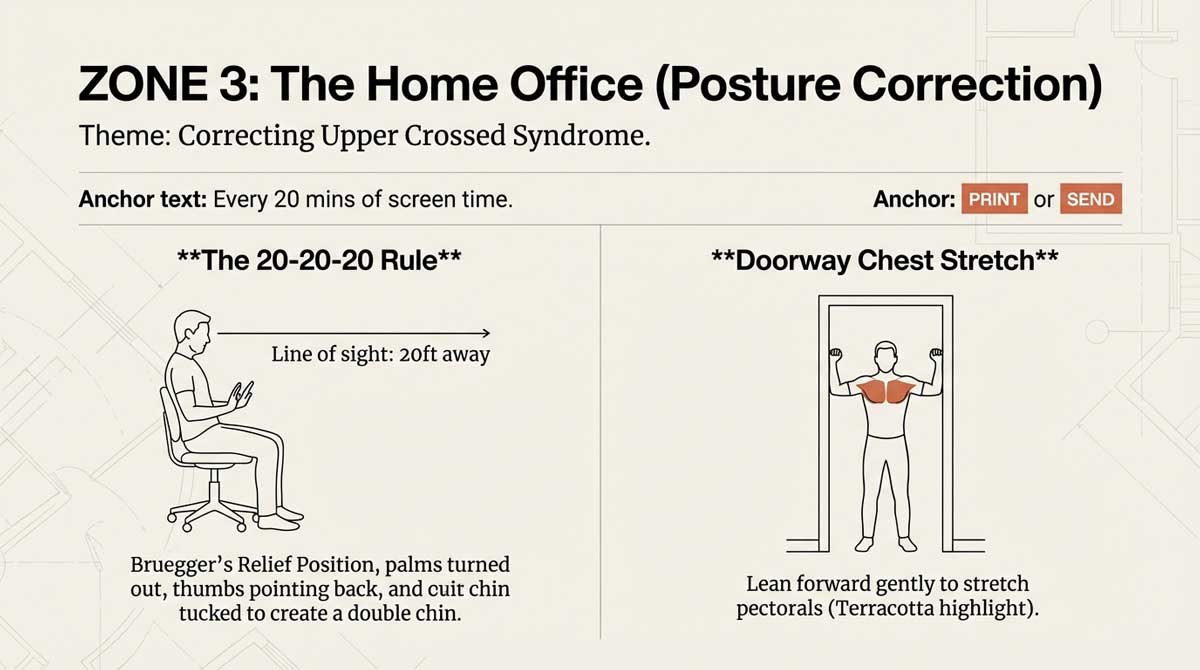 Man sitting at desk and performing a doorway chest stretch