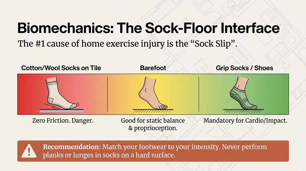 Safety diagram showing the danger of wearing socks on hard floors vs grip socks or bare feet