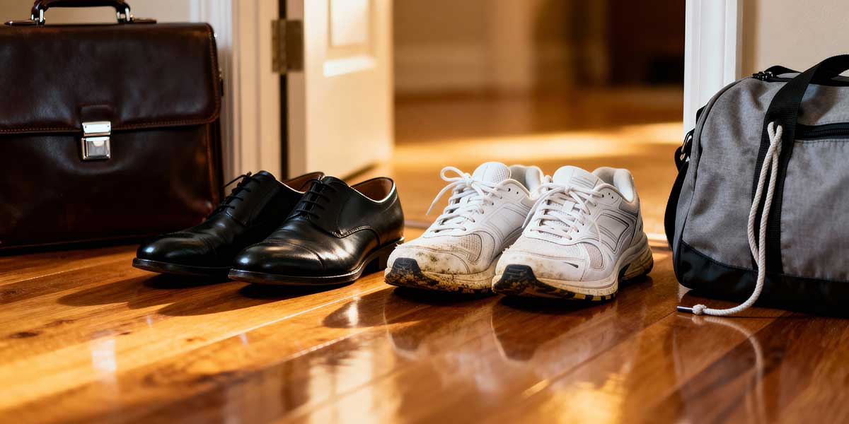 A pair of polished business shoes sitting next to running trainers and a gym bag by a front door, symbolizing the balance between career and fitness goals.
