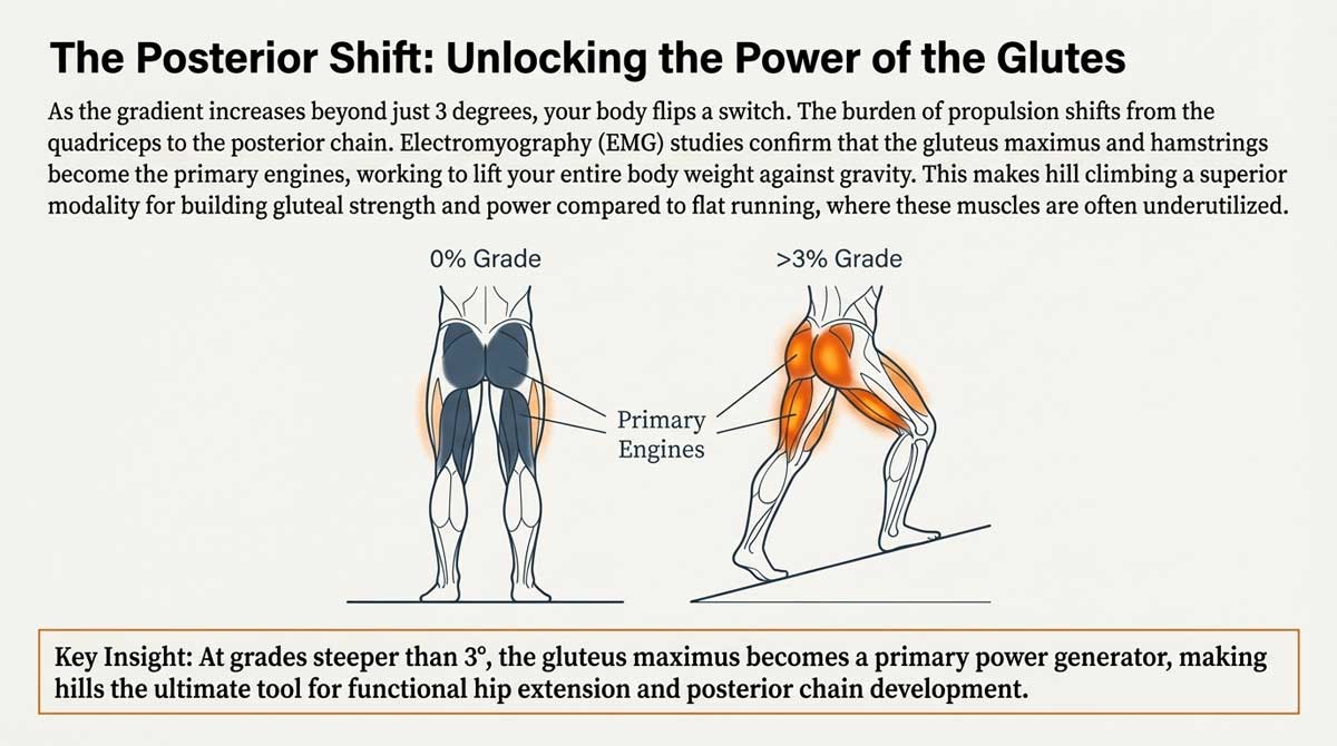 Anatomical diagram showing the posterior shift to glutes and hamstrings on inclines steeper than 3 percent