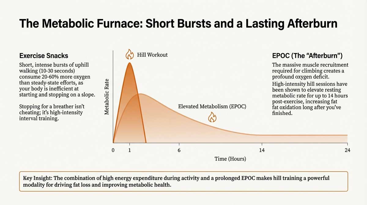 Metabolic rate chart showing the EPOC afterburn effect following hill workouts