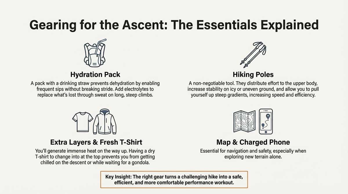 Essential gear for ascent including hiking poles and hydration packs