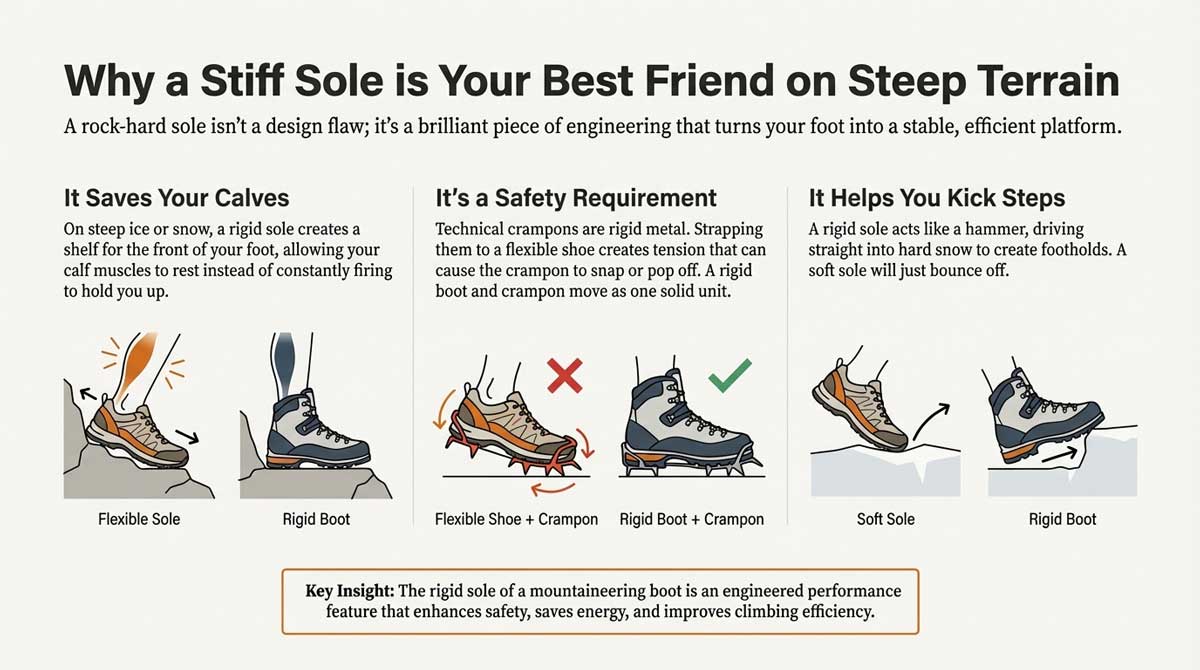 Comparison of flexible sole versus rigid boot sole on steep rocky terrain