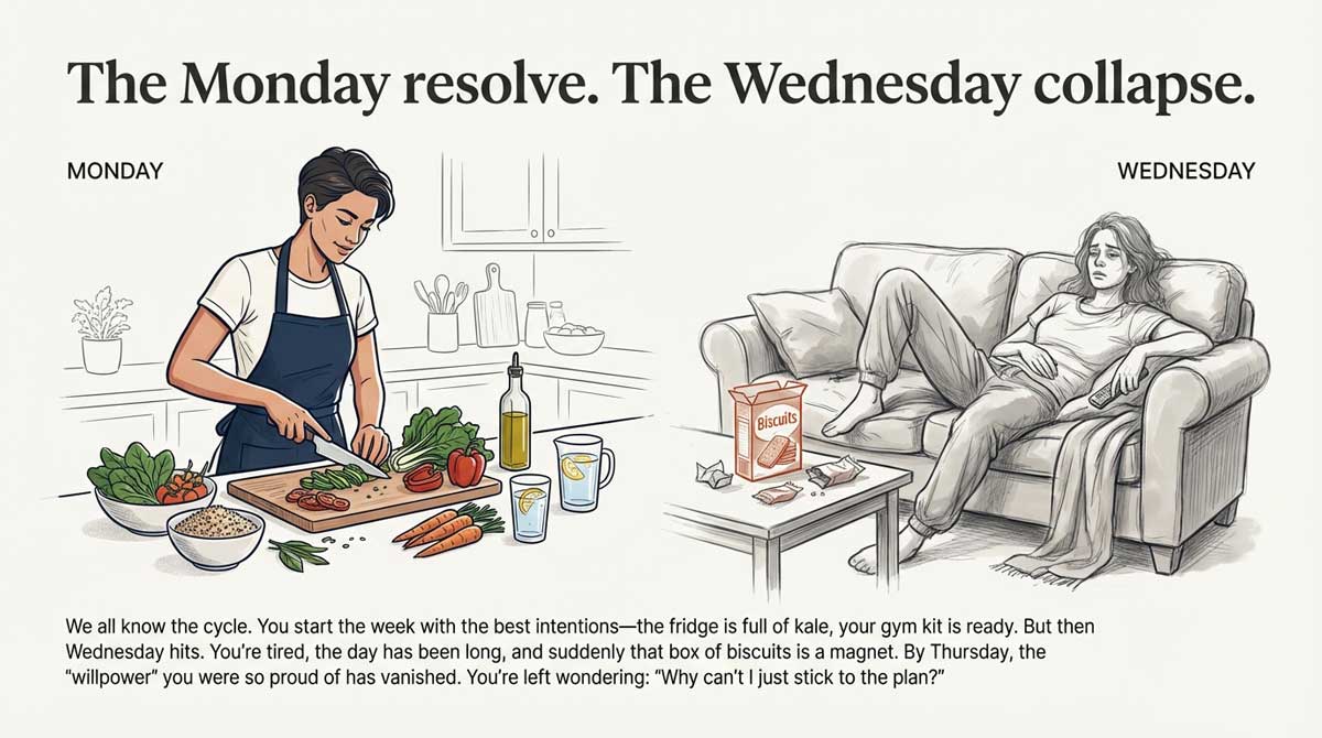 Illustration comparing healthy meal prep on Monday to eating biscuits on the couch on Wednesday