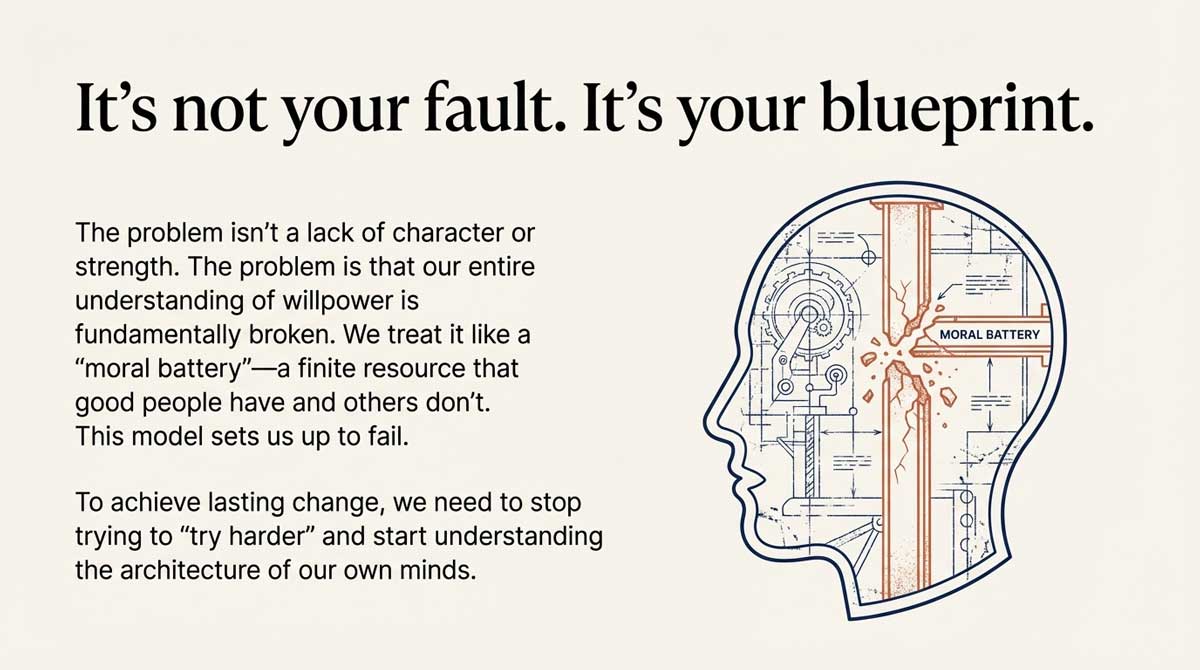 Diagram of a head with a broken 'Moral Battery' mechanism