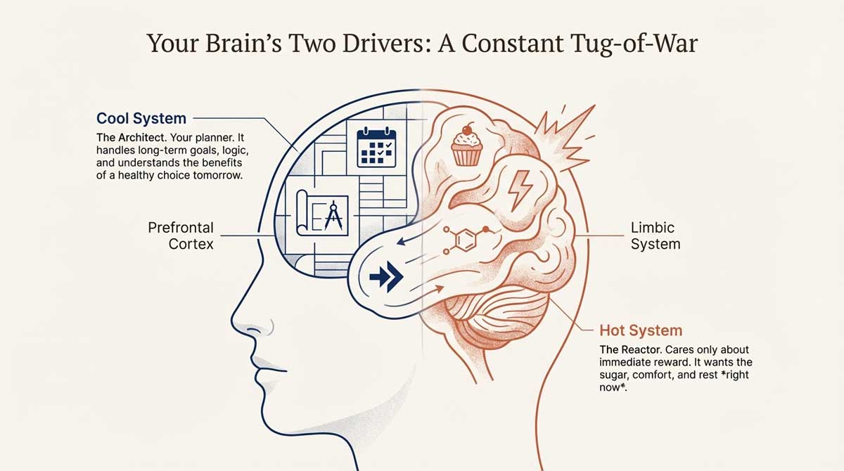 Brain diagram showing the tug-of-war between the Prefrontal Cortex (Cool System) and Limbic System (Hot System)