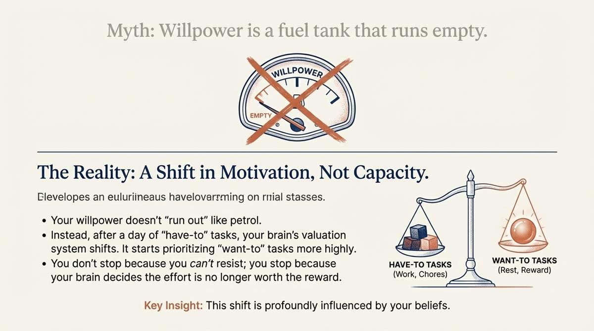 A fuel gauge crossed out and a scale comparing 'Have-to' tasks versus 'Want-to' tasks