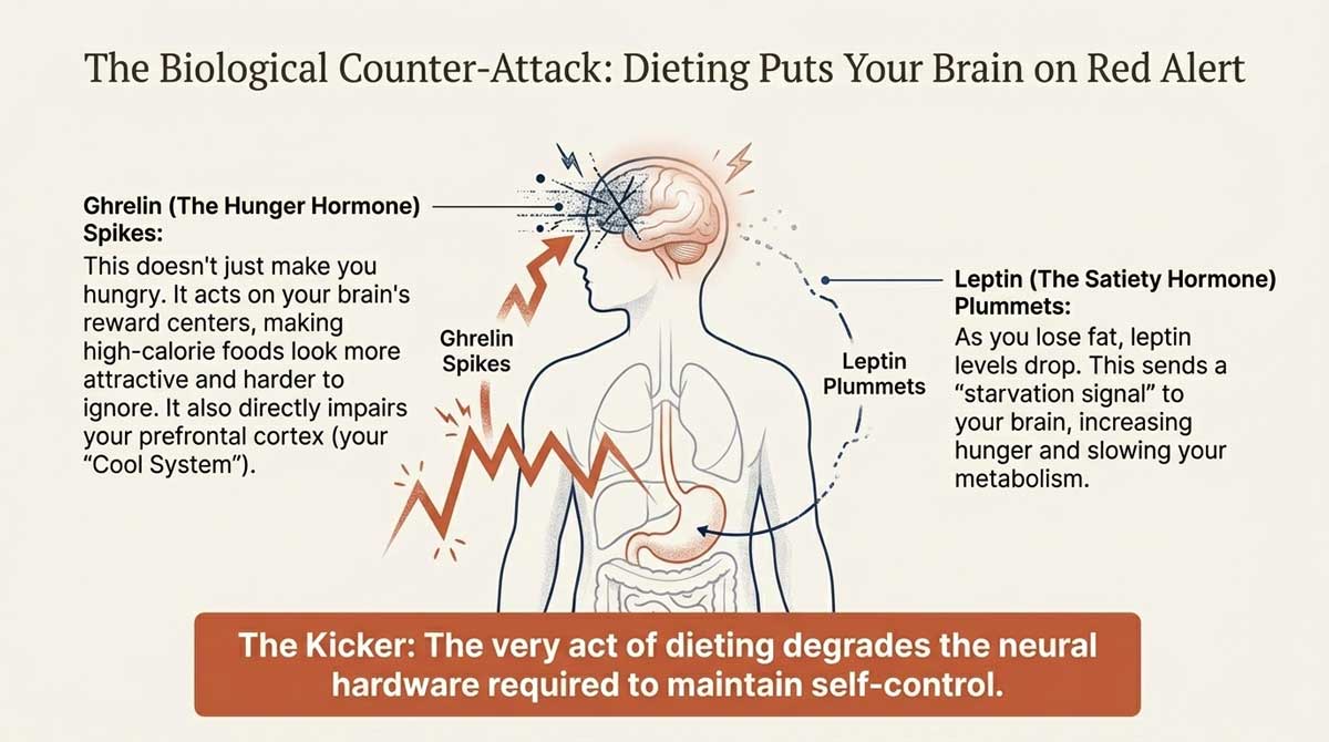 Body diagram showing Ghrelin (hunger) spikes and Leptin (satiety) plummeting during dieting