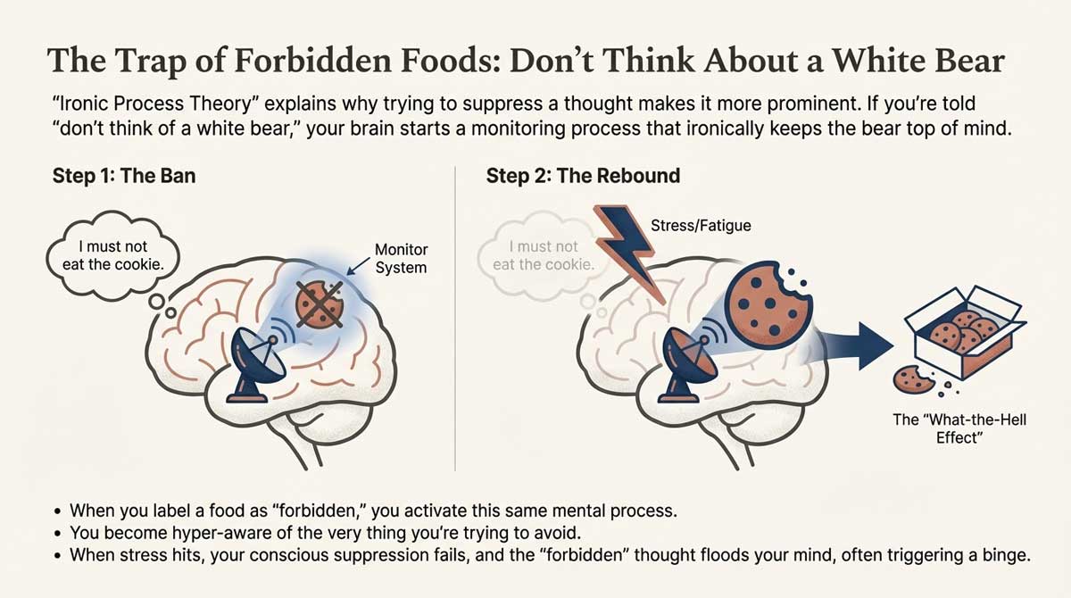 Brain graphic illustrating Ironic Process Theory where forbidden thoughts trigger the 'What-the-Hell' effect