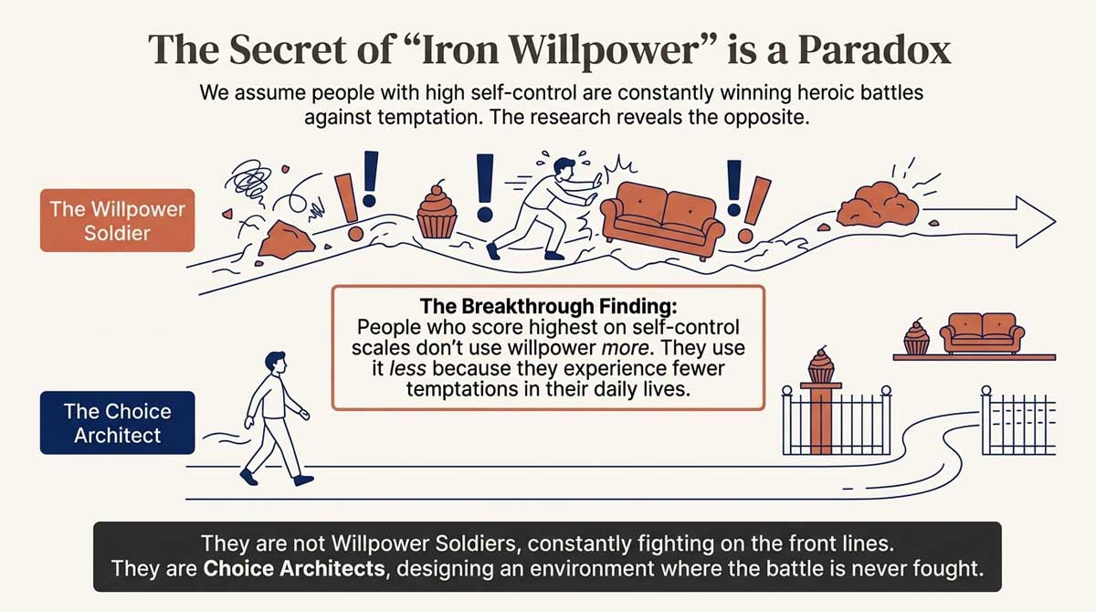 Illustration contrasting a 'Willpower Soldier' fighting temptation vs a 'Choice Architect' avoiding it