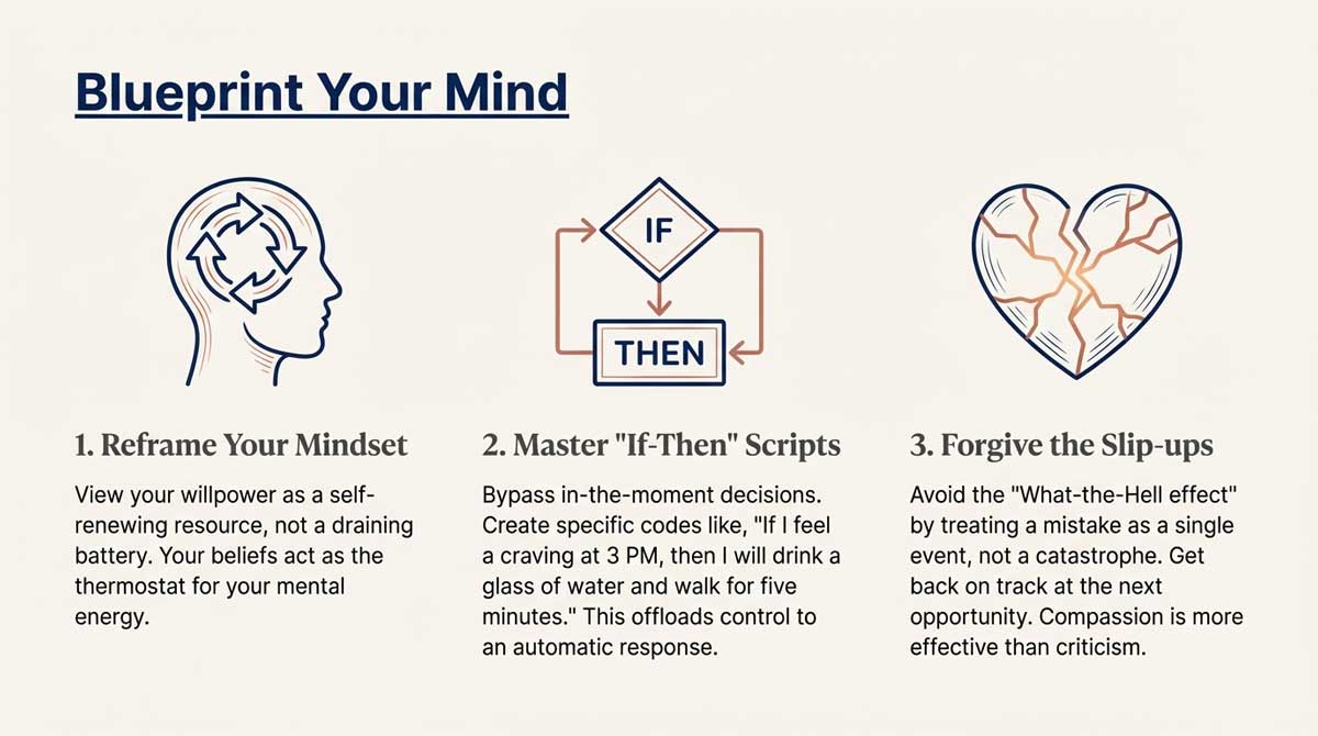 Icons representing mindset reframing, If-Then planning scripts, and forgiving slip-ups