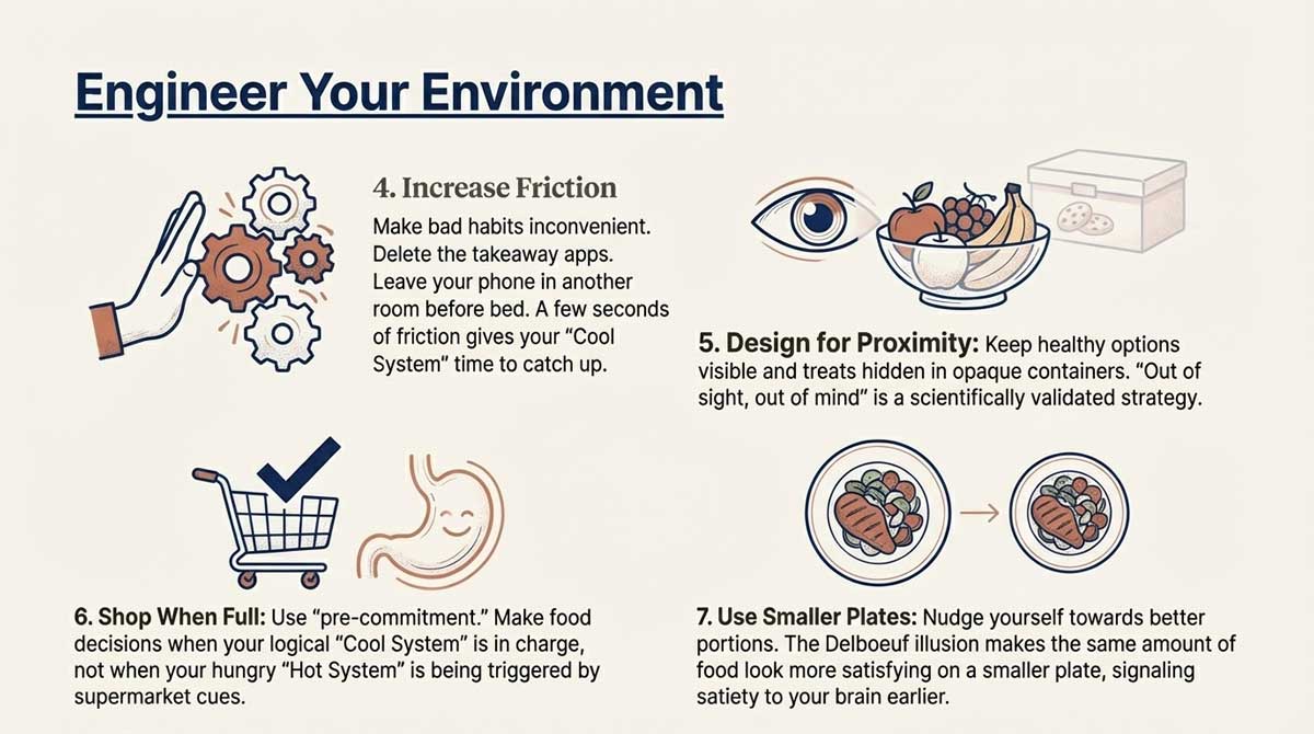 Icons illustrating environmental friction, visible healthy foods, and smaller plate sizes