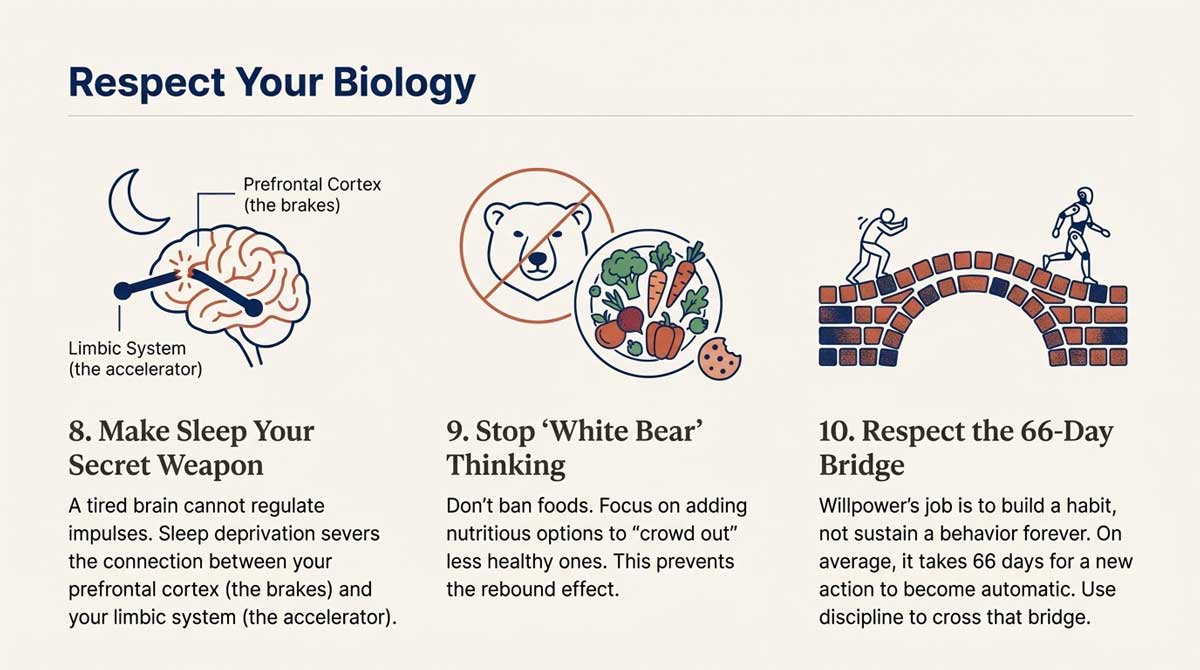 Brain and habit diagrams depicting the importance of sleep and the 66-day habit bridge