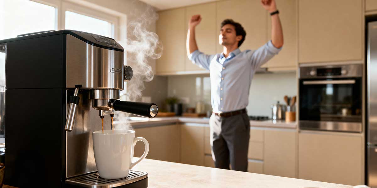 A coffee machine brewing in the foreground while a person performs a quick mobility stretch in the background, illustrating the concept of habit stacking.