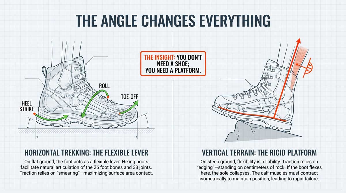 Diagram showing heel strike, roll, and toe-off biomechanics in a hiking boot