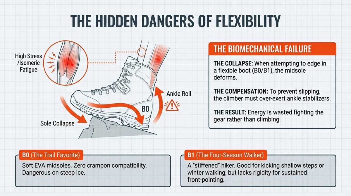 Illustration of a flexible boot sole collapsing on a rock edge causing ankle roll