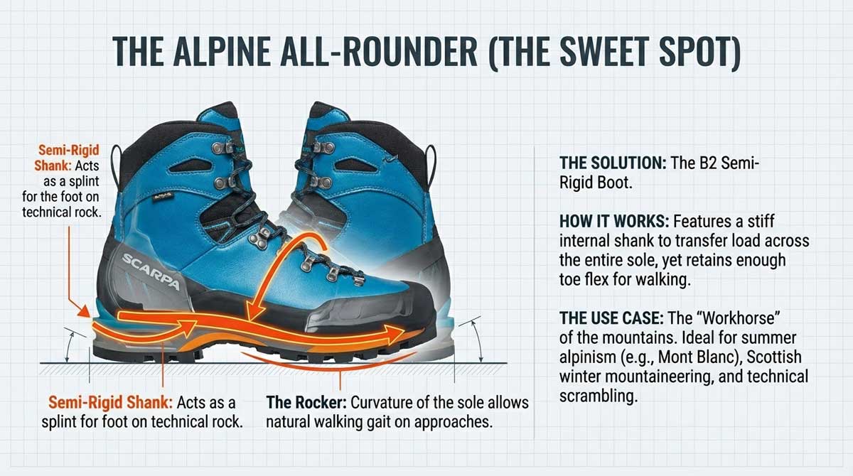Cutaway of a Scarpa B2 boot showing the semi-rigid shank splinting the foot