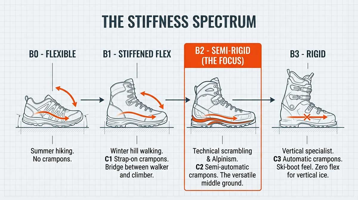 Comparison of B0 flexible boots versus B2 semi-rigid boots