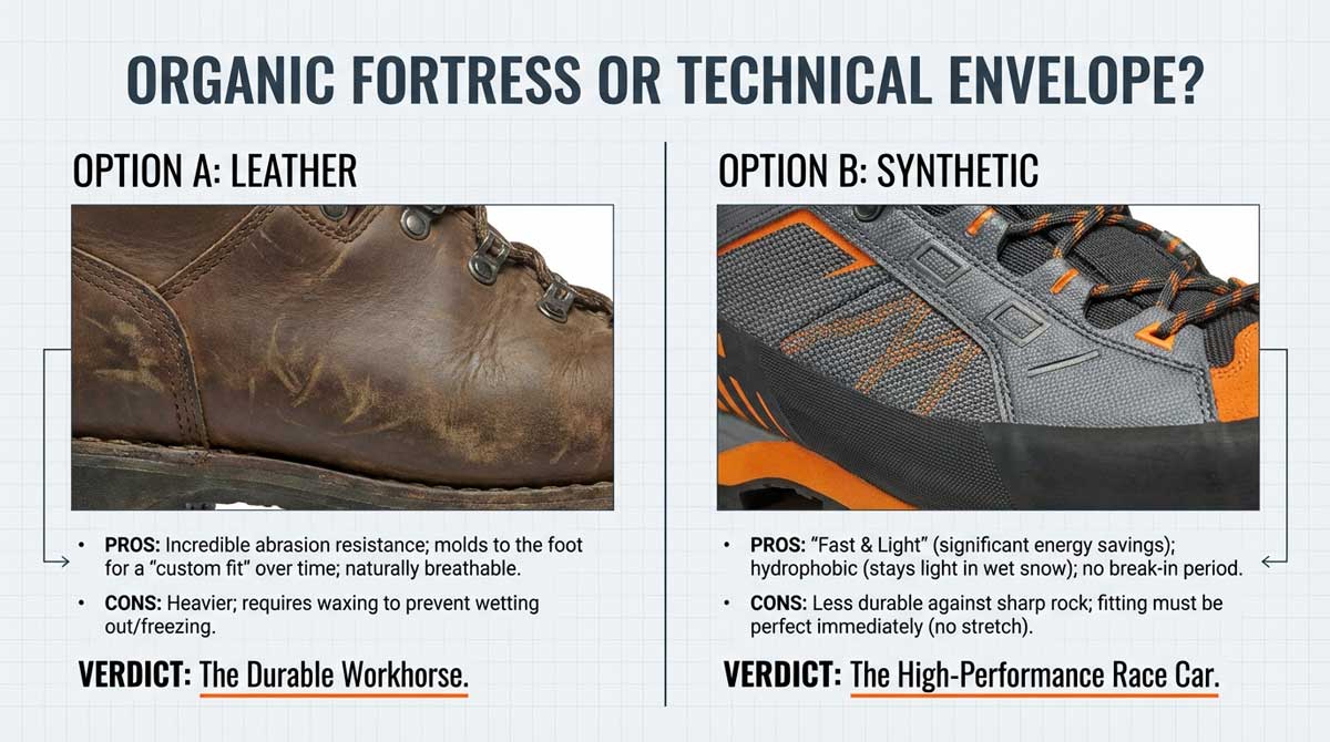 Close up comparison of leather boot material versus synthetic mesh