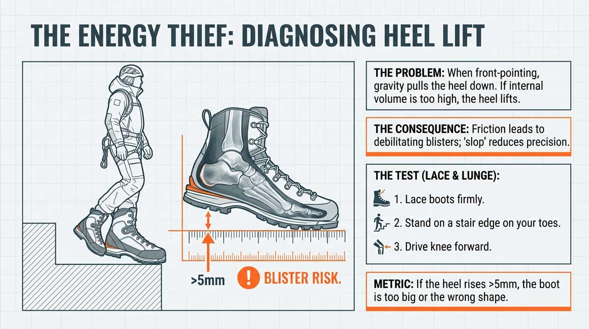 Diagram demonstrating how to test for heel lift to prevent blisters