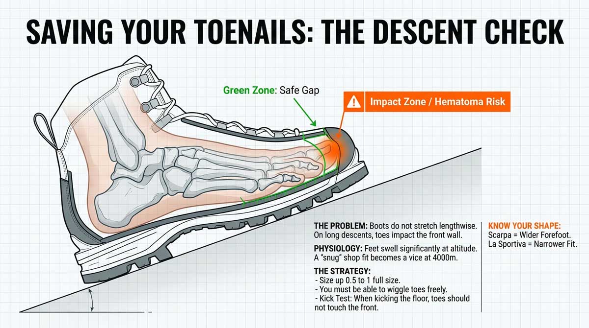 Toe box fit guide showing the safe gap required for descents