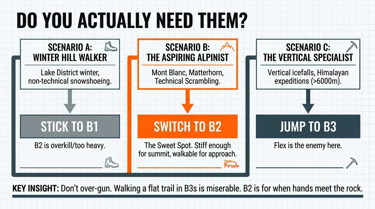 Flowchart helping users decide between B1, B2, and B3 boots based on activity
