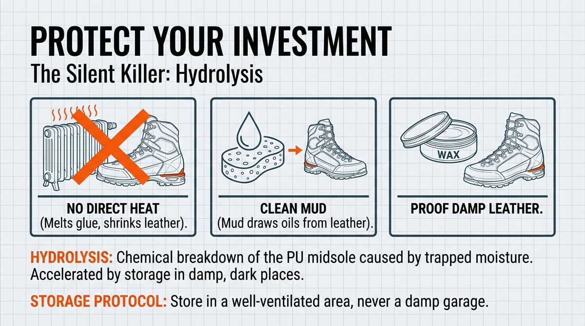 Care instructions warning against direct heat and leaving mud on leather