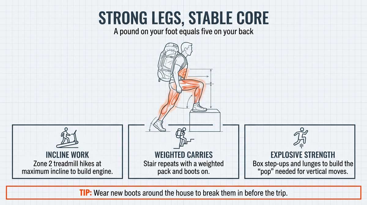 Hiker doing step-ups to train legs and core for mountaineering