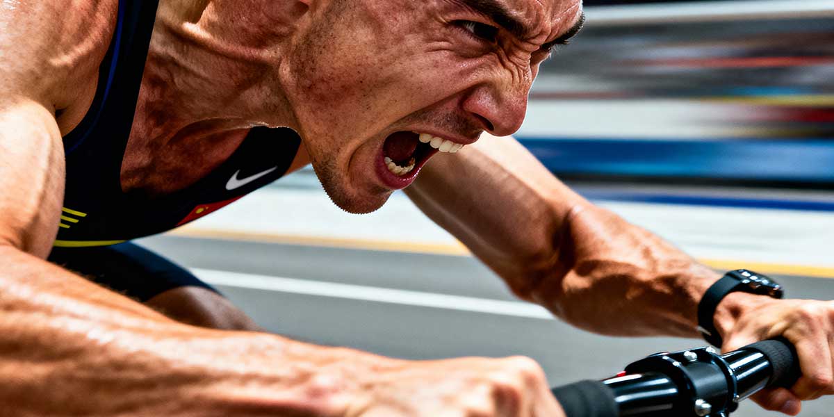 An athlete exerting maximum effort during a high-intensity interval session, capturing the physical strain of Zone 5 training and anaerobic threshold work.